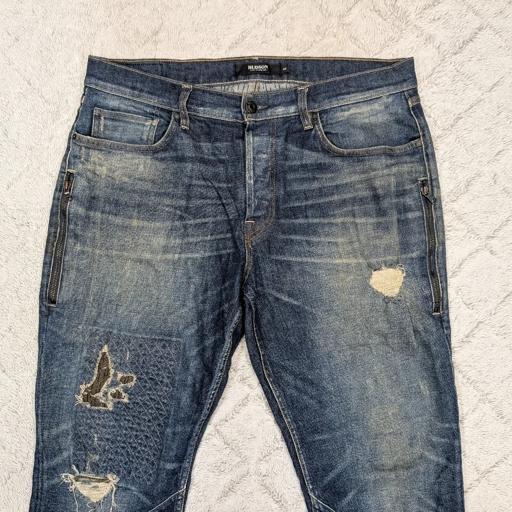 Hudson Jeans Mens 36x32 Blue Dark Wash Sartor Relaxed Skinny Distressed Moto